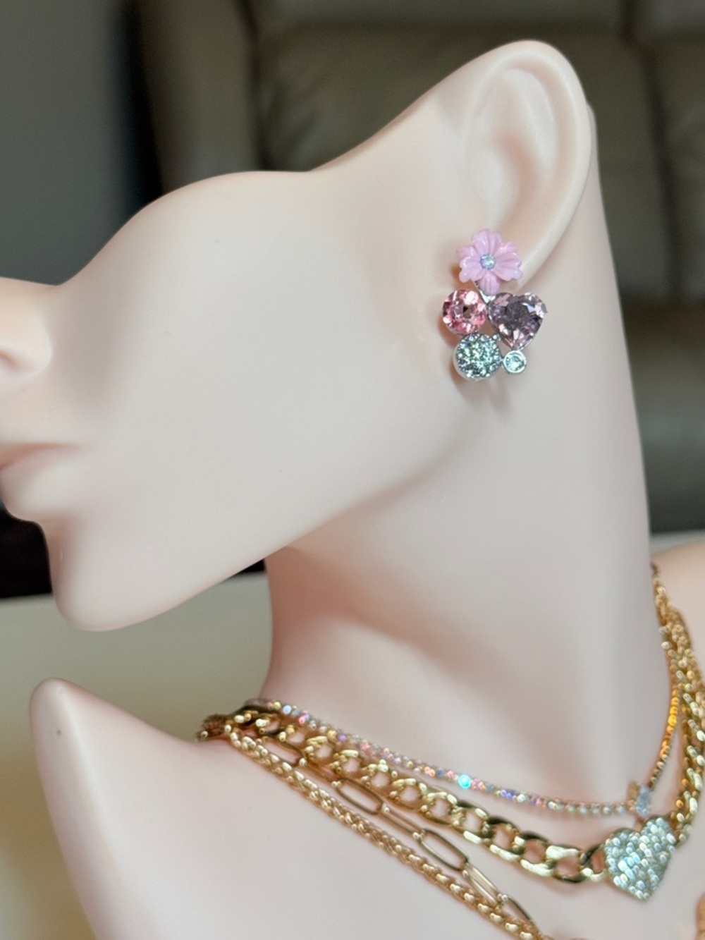 Pink Flower Cluster Crystal Stud Earrings - Picture 3 of 12